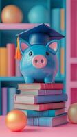 Studying finance concepts with a blue piggy bank wearing a graduation cap on colorful books photo