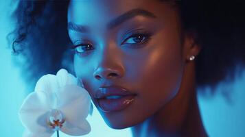 Portrait of a woman with curly hair holding a white orchid in soft blue lighting photo