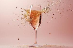 Sparkling drink explodes from a glass, creating a burst of golden particles in the air photo
