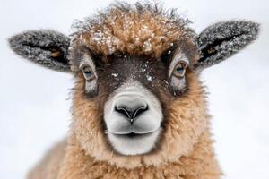 Portrait of a young sheep with snowflakes on its fur in a winter landscape during daylight photo
