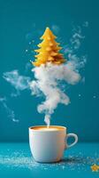A whimsical hot drink with steam transforming into a golden Christmas tree decoration photo