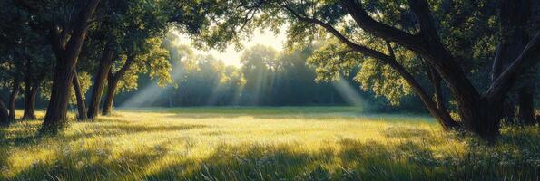 Sunlight streaming through trees in a peaceful forest meadow during the early morning photo