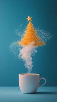 A whimsical hot drink with steam transforming into a golden Christmas tree decoration photo
