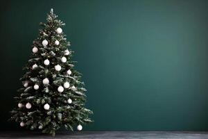 Beautifully decorated Christmas tree with silver ornaments against a dark green background photo