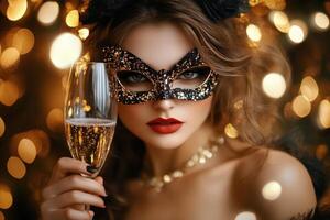 Elegant woman in a black mask holds a champagne glass at a festive celebration with twinkling lights photo