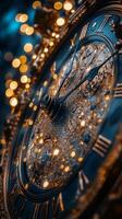 A close up view of an ornate clock face adorned with golden details and blurred lights at night photo