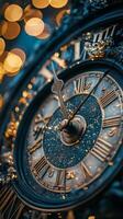 A close up view of an ornate clock face adorned with golden details and blurred lights at night photo