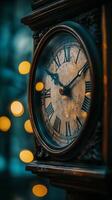 A close up view of an ornate clock face adorned with golden details and blurred lights at night photo