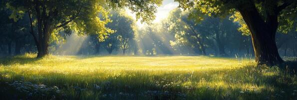 Sunlight streaming through trees in a peaceful forest meadow during the early morning photo