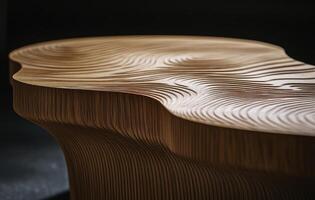 Unique handcrafted wooden table with intricate wave patterns, showcased in a modern setting photo