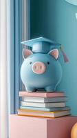 Studying finance concepts with a blue piggy bank wearing a graduation cap on colorful books photo