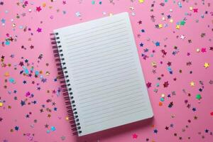 Blank notebook on pink background surrounded by colorful star confetti photo