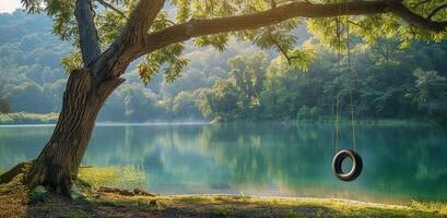 Tranquil Tire Swing Over Serene Lake in Lush Green Forest photo