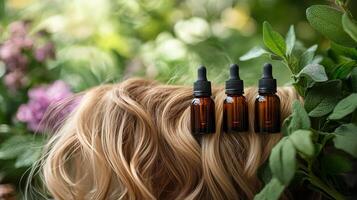 Bottles of natural oils placed on a womans hair amidst a garden of blooming flowers photo
