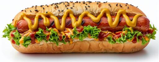 A Classic Hot Dog With Mustard and Lettuce on a Sesame Seed Bun photo