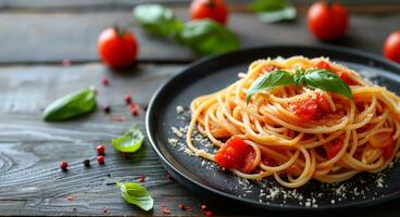 A Plate of Spaghetti With Tomato Sauce and Basil on a Wooden Table photo