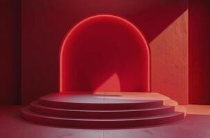 Red Stage With Circular Platform and Draped Curtains photo