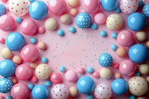 Colorful Balloons Floating Against a Blue and Pink Background photo