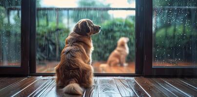 Golden Retriever Dog Watching Rain Through Window on Rainy Day photo