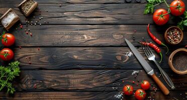 Rustic Wooden Tabletop With Tomatoes, Parsley, Spices, and Kitchen Utensils photo