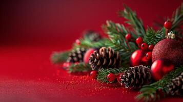 Red Christmas Ornaments and Pine Branch on Red Background photo