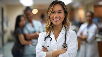Smiling Female Doctor In White Coat With Stethoscope In Hospital photo