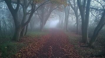 Foggy railroad track through autumn forest landscape in a rural setting photo