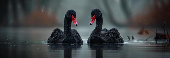 Two Black Swans Swimming in a Foggy Lake photo