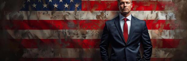 Man in Suit Standing Before Worn American Flag photo