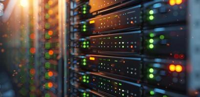 Close Up View of Server Racks With Green Lights photo