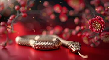 Golden Snake With Red Eyes and Pink Blossoms photo
