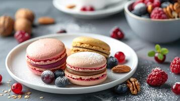 Colorful Macarons With Fresh Berries and Pecans on a Plate photo