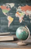 A vintage globe sits on a wooden table with a colorful world map background photo