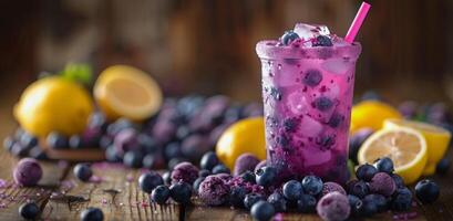 Refreshing Blueberry Lemonade Drink With Lemons and Ice in Plastic Cup photo