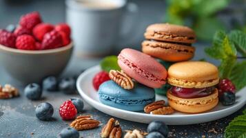 Colorful Macarons With Fresh Berries and Pecans on a Plate photo