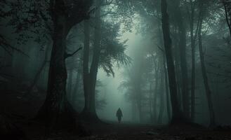 Mysterious Figure Walking Through Foggy Forest at Dusk photo