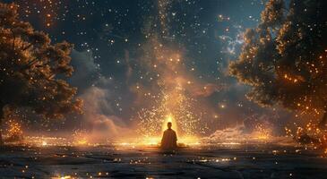 Person Meditating in a Mystical Forest With Golden Light photo
