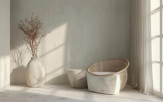 White Wall Room Interior With Wicker Chair and Marble Table photo