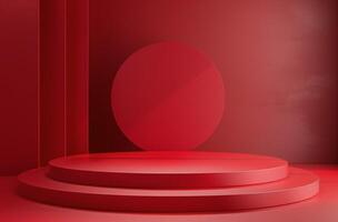Red Stage With Circular Platform and Draped Curtains photo