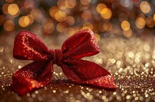 Red And Gold Bow With Festive Glitter Background photo