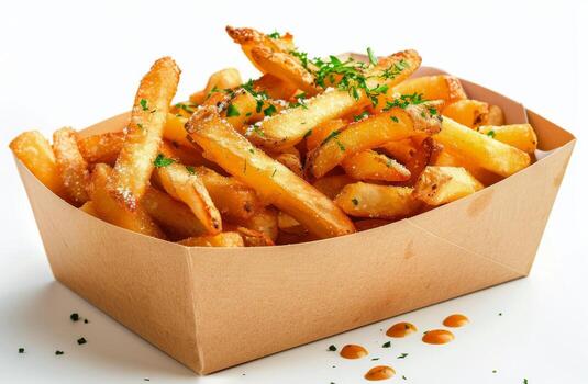 Close Up View of Crispy French Fries in a Cardboard Container photo