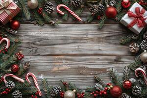 Festive Christmas Decorations Bordering Rustic Wooden Background photo