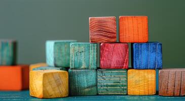 Colorful Wooden Blocks Stacked in a Pyramid Shape on a Wooden Table Against a Green Background photo
