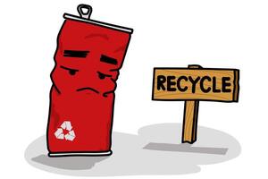 red distorted aluminium can sad face waiting for recycle. illustration no people. vector