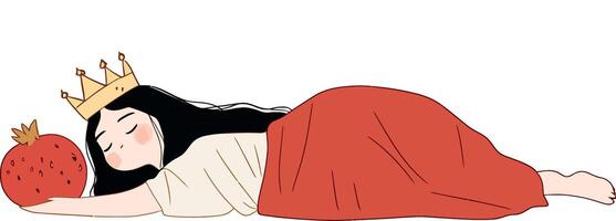 Sleeping Princess with Crown Resting on Strawberry Pillow Illustration vector