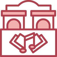 A red and white icon of a building with music notes vector