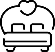 A black and white line icon of a bed with a heart vector