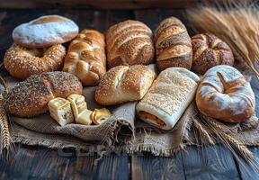 Assortment of Freshly Baked Breads on Rustic Wooden Tabletop photo