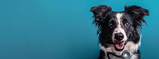 Smiling Black And White Border Collie With Stethoscope Against Blue Background photo