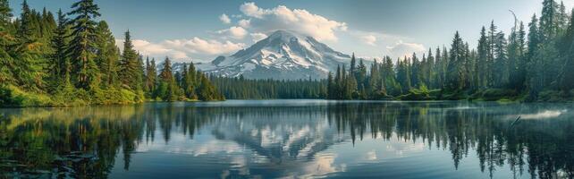 Serene Morning Reflection of Mount Rainier Over a Tranquil Lake photo